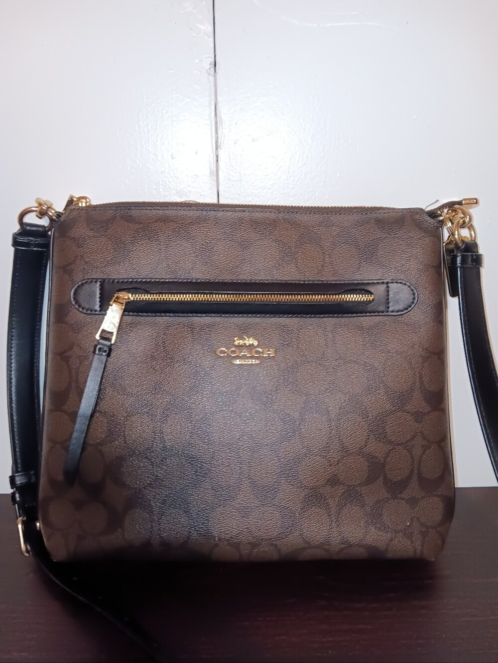 Coach Mae Crossbody Bag Walnut And Black Signature Print With Leather Trim